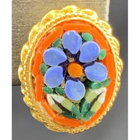 Micro Mosaic Earrings Flower Oval Gold Tone Clip On Stud Post 1.5" Italy - Picture 3 of 6